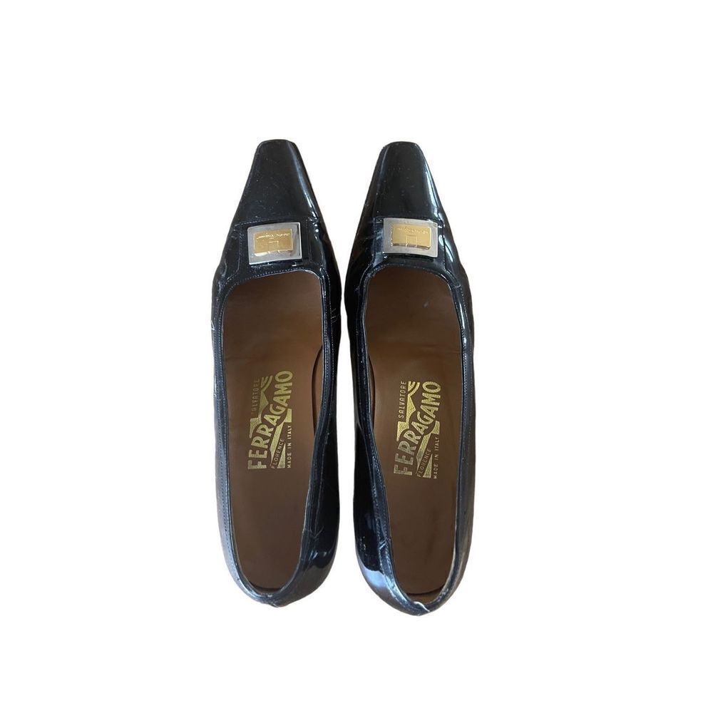 Salvatore Ferragamo Womens Black Patent Leather Slip On Pump Shoes Size 7.5